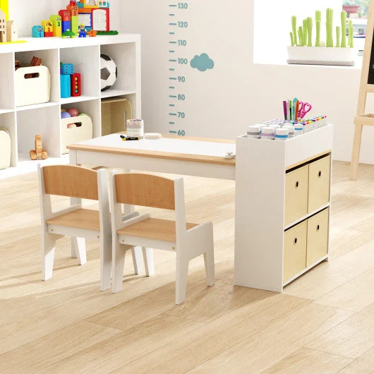 COSTWAY Kids Art Table and Chairs Set With 2 Chairs and Paper Roll-Natural