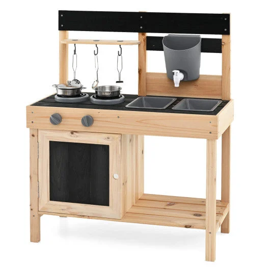 COSTWAY Mud Kitchen Playset Kids Play Kitchen Outdoor With 2 Removable Sinks-Natural