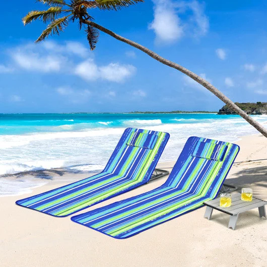 COSTWAY 3 Pieces Beach Lounge Chair Mat Set 2 Adjustable Lounge Chairs With Table Stripe-Stripe