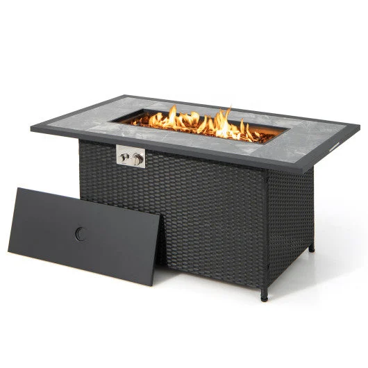 COSTWAY 52 Inch Rattan Wicker Propane Fire Pit Table With Rain Cover and Lava Rock-Black