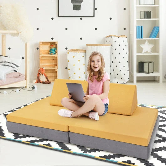 COSTWAY 4 Pieces Convertible Kids Couch Set With 2 Folding Mats-Yellow