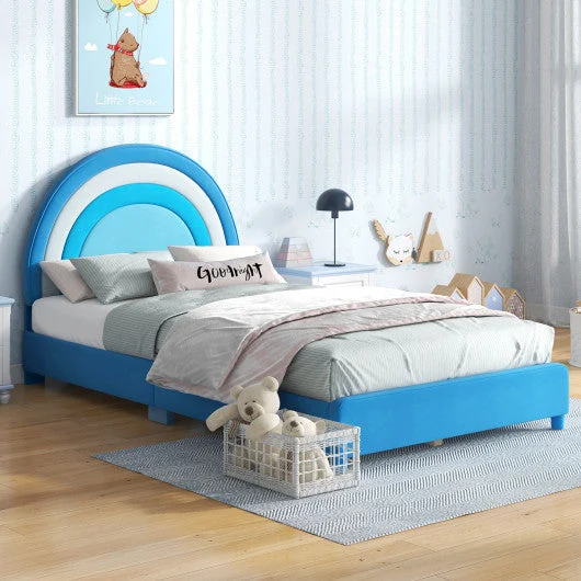 COSTWAY Twin Bed Frame With Height-Adjustable Headboard and Sturdy Wooden Slats-Blue