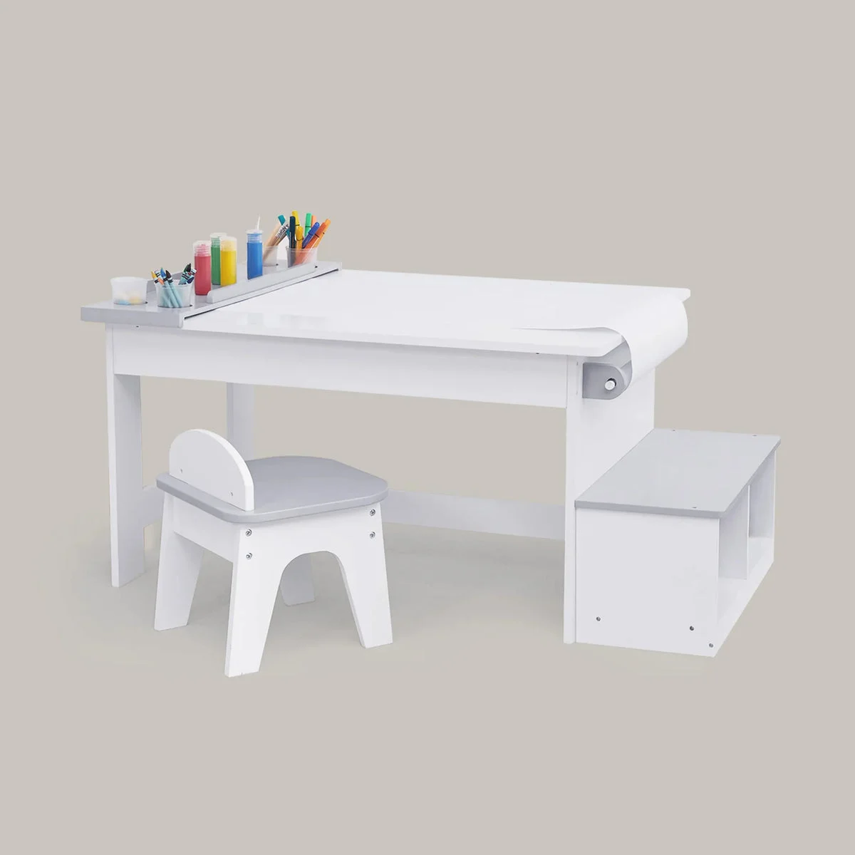 TEAMSON KIDS Fantasy Fields Little Monet Art Table with Paper Roll, Stool, Bench & More - White/Gray