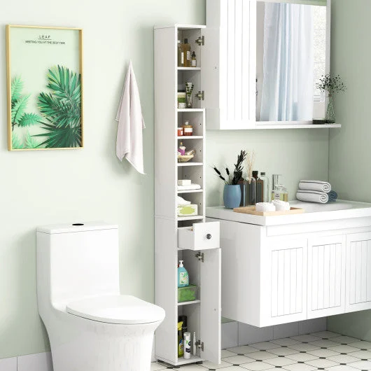COSTWAY Freestanding Slim Bathroom Cabinet With Drawer and Adjustable Shelves-White