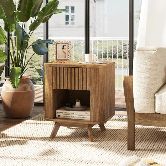 COSTWAY Mid-Century Wood Nightstand With Drawer and Open Shelf-Walnut