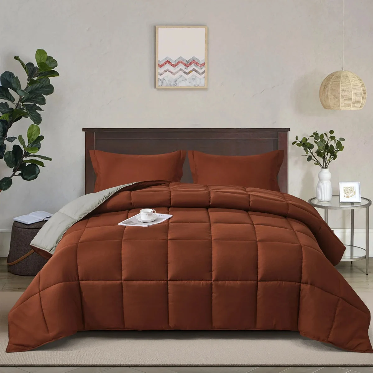 HIG Light Weight Down Alternative Reversible Comforter Set, King - Brick