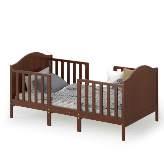 COSTWAY 2-in-1 Classic Convertible Wooden Toddler Bed With 2 Side Guardrails for Extra Safety-Brown