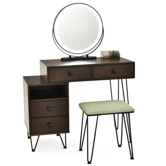 COSTWAY Vanity Set Modern Dressing Table With Mirror and Lipstick Storage Box-Brown