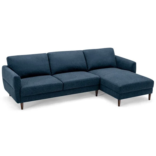 COSTWAY L-Shaped Fabric Sectional Sofa With Chaise Lounge and Solid Wood Legs-Navy