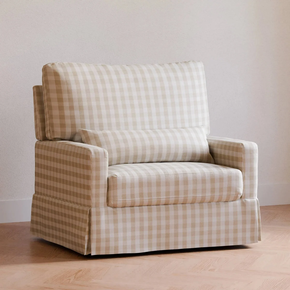 Namesake Crawford Chair and a Half Pillowback Swivel Glider - Tan Gingham