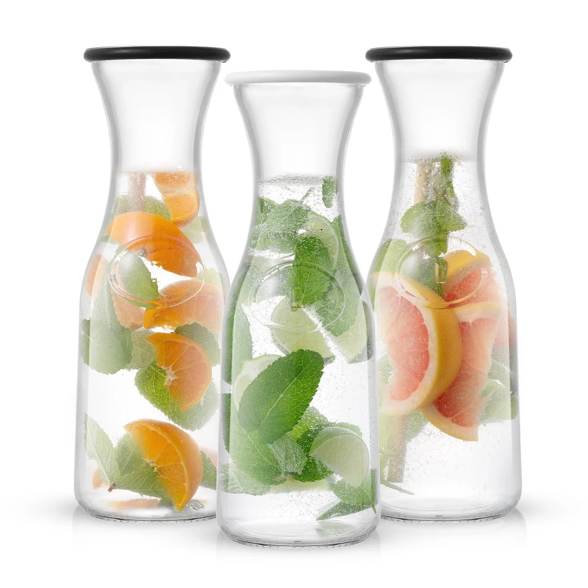 JoyJolt Glass Carafe Set - 3 Pitchers with Black and White Lids