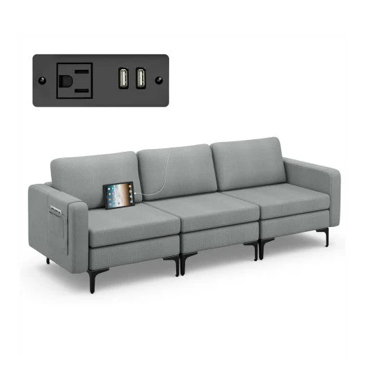COSTWAY Convertible Leather Sofa Couch With Magazine Pockets 3-Seat With 2 USB Port-Dark Gray