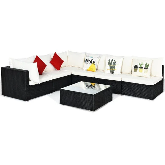 COSTWAY 7 Pieces Sectional Wicker Furniture Sofa Set With Tempered Glass Top-Black & White