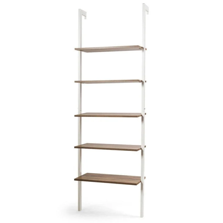 COSTWAY 5-Tier Wood Look Ladder Shelf With Metal Frame for Home-White