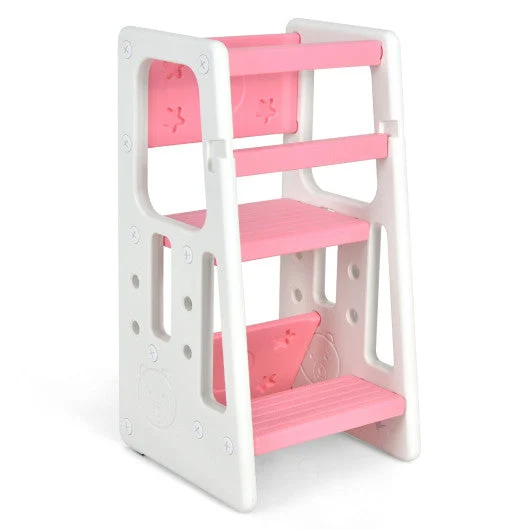 COSTWAY Kids Kitchen Step Stool With Double Safety Rails-Pink