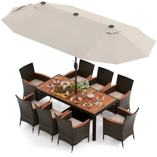 COSTWAY 11 Pieces Patio Dining Set With 15 Feet Double-Sided Patio Umbrella and Base-Beige