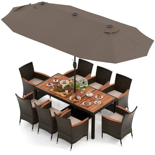 COSTWAY 11 Pieces Patio Dining Set With 15 Feet Double-Sided Patio Umbrella and Base-Coffee