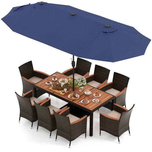 COSTWAY 11 Pieces Patio Dining Set With 15 Feet Double-Sided Patio Umbrella and Base-Navy
