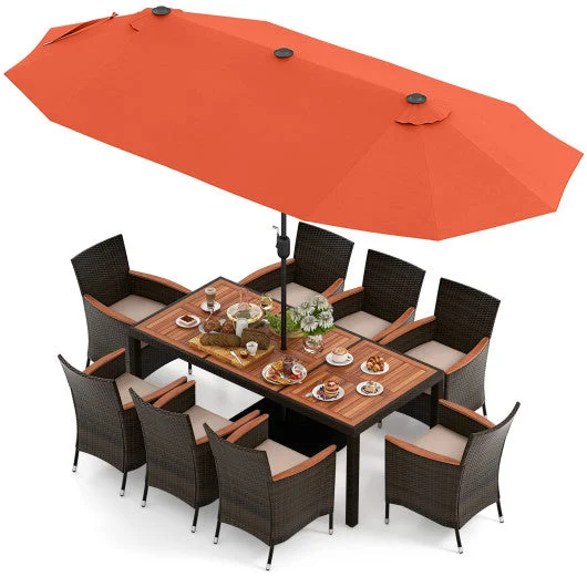 COSTWAY 11 Pieces Patio Dining Set With 15 Feet Double-Sided Patio Umbrella and Base-Orange