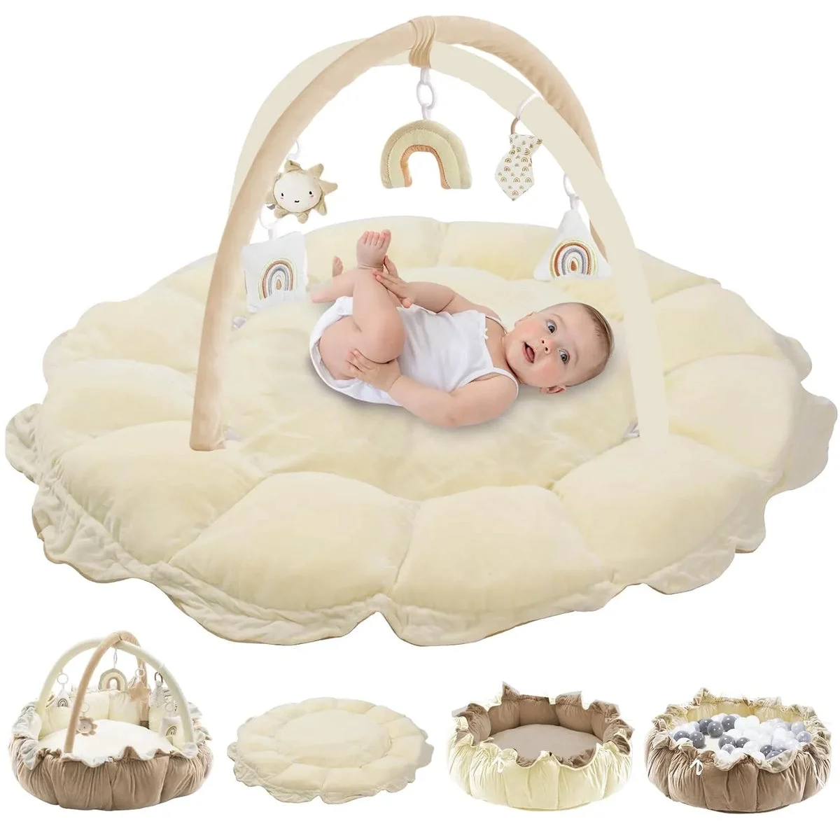 HAN-MM 5-in-1 Convertible Baby Play Gym with 6 Toys and Tummy Time Mat