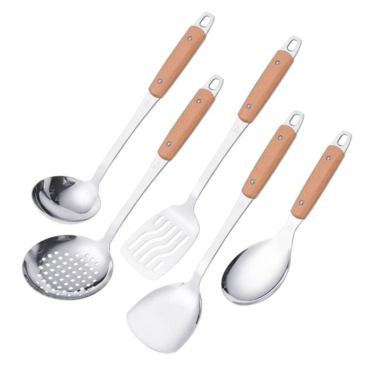 GREEN WALNUT 5-Piece Stainless Steel Kitchen Utensil Set With Wooden Handles