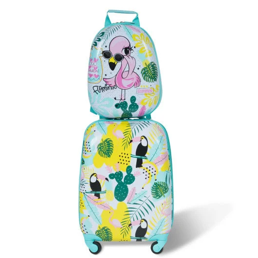 COSTWAY 2 Pieces Kid's Luggage Set 12-Inch Backpack and 16-Inch Rolling Suitcase Travel - Flamingo