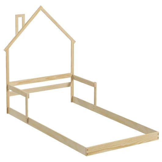 COSTWAY Twin Size Floor Bed With Chimney and Headboard and Handrail-Natural