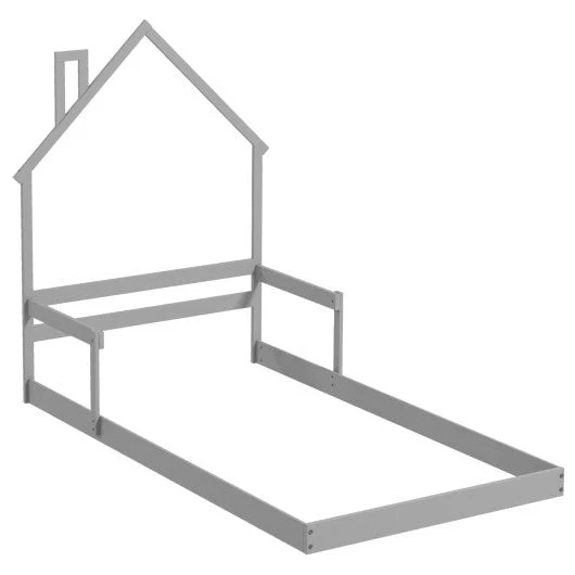 COSTWAY Twin Size Floor Bed With Chimney and Headboard and Handrail-Gray