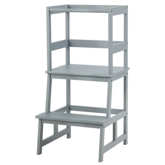 COSTWAY Kids Wooden Kitchen Step Stool With Safety Rail-Gray