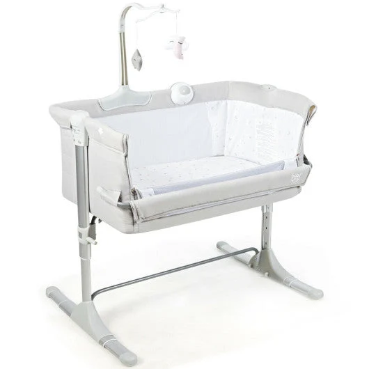 COSTWAY Height Adjustable Baby Side Crib With Music Box & Toys-Light Gray