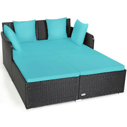 COSTWAY Spacious Outdoor Rattan Daybed With Upholstered Cushions and Pillows-Turquoise