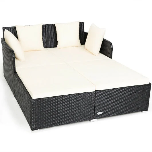COSTWAY Spacious Outdoor Rattan Daybed With Upholstered Cushions and Pillows-White