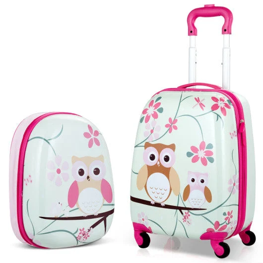 COSTWAY 2 Pieces 12 Inch 16 Inch Green ABS Kids Suitcase Luggage Set - Owl