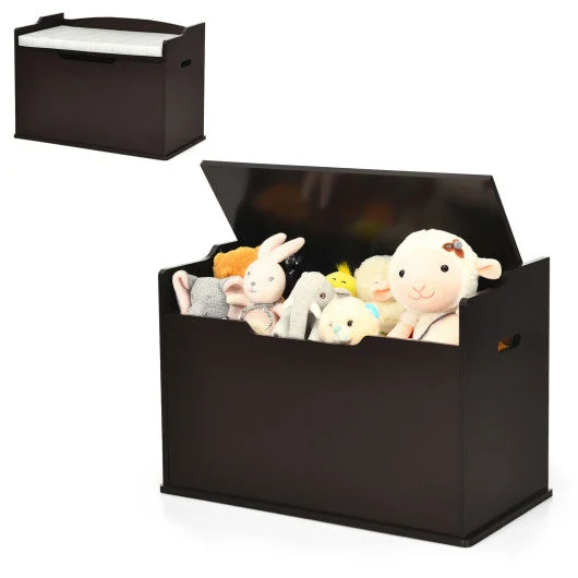 COSTWAY Kids Toy Wooden Flip-Top Storage Box Chest Bench With Cushion Hinge-Brown