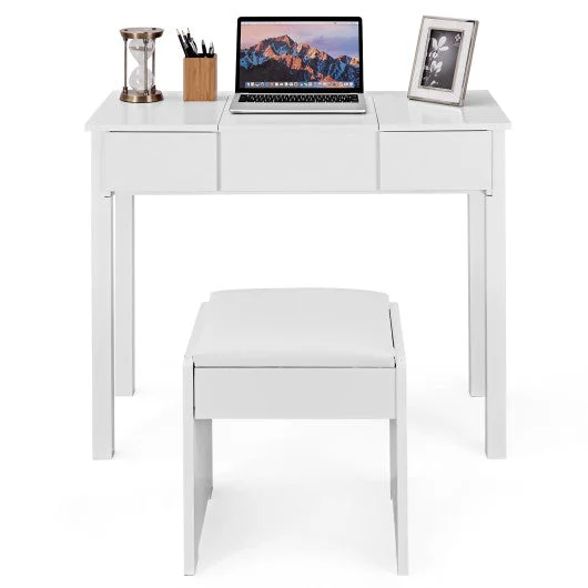 COSTWAY Vanity Makeup Dressing Table Set With Flip Top Mirror and Cushioned Stool-White