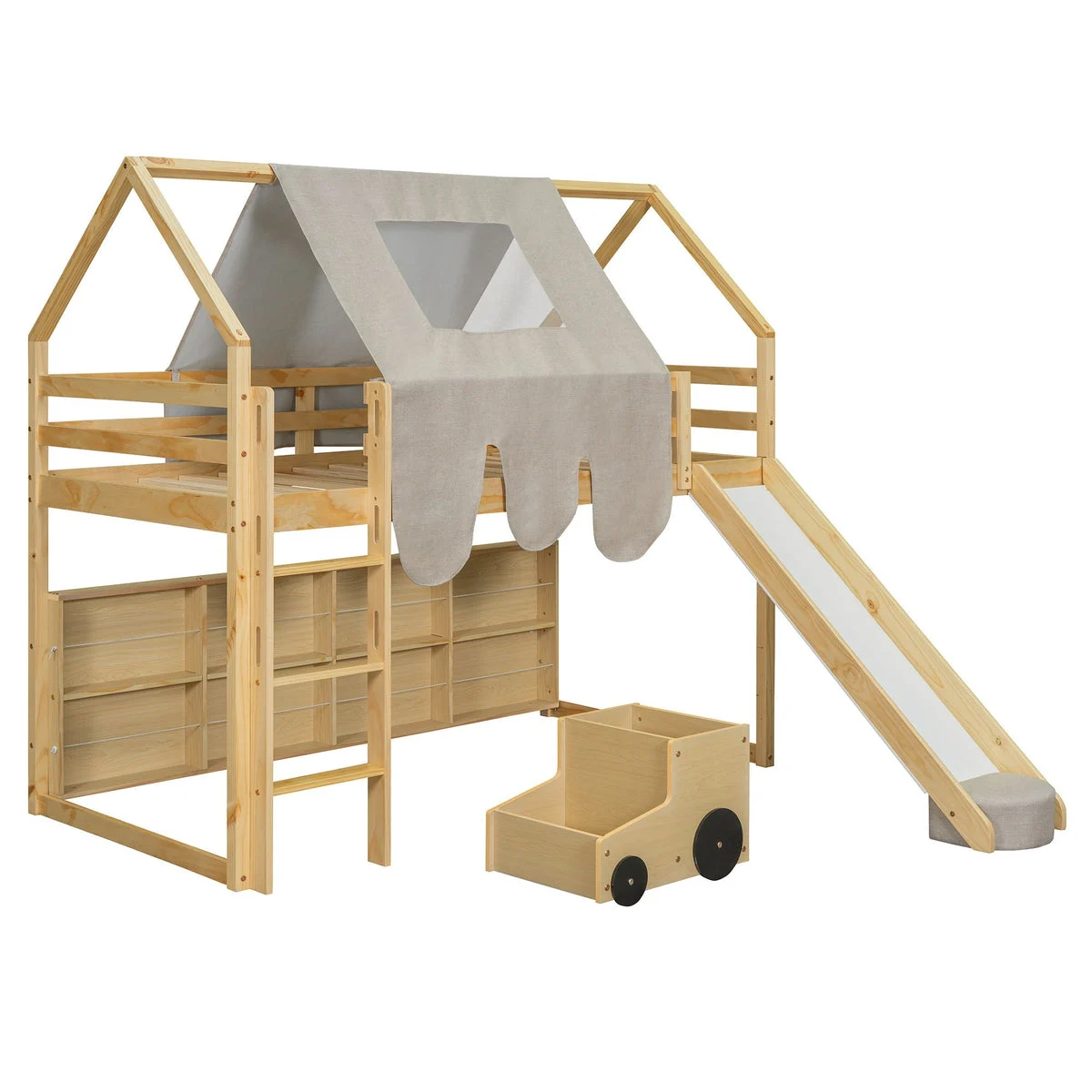 DREAMHAUS Twin Size Loft Bed With House Shaped Frame and Tent - Natural / Beige