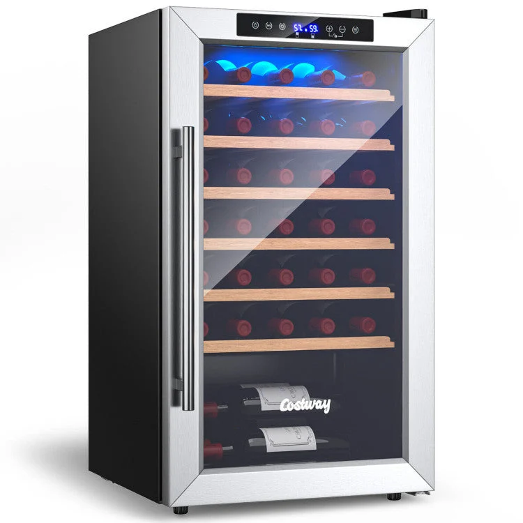 COSTWAY 20 Inch Wine Refrigerator for 33 Bottles and Tempered Glass Door-Silver