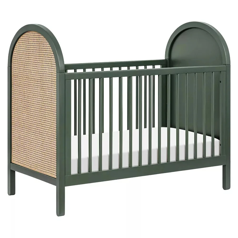 Babyletto Bondi Cane 3-in-1 Convertible Crib with Toddler Bed Conversion Kit - Forest Green with Natural Cane