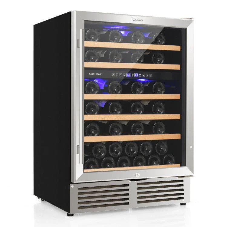 COSTWAY Dual Zone Wine Cooler for 51 Bottles With Reversible Door-Silver