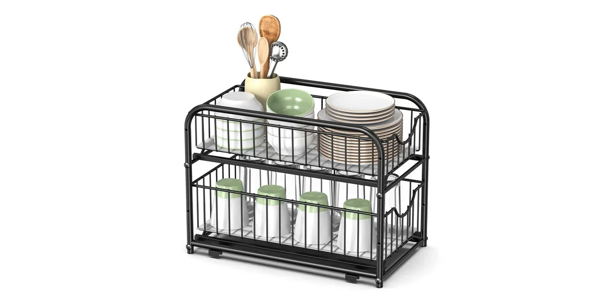 Songmics 2-Tier Pull-Out Cabinet Organizer - Under Sink Storage Solution, Sliding Basket Drawers, Stackable, Black