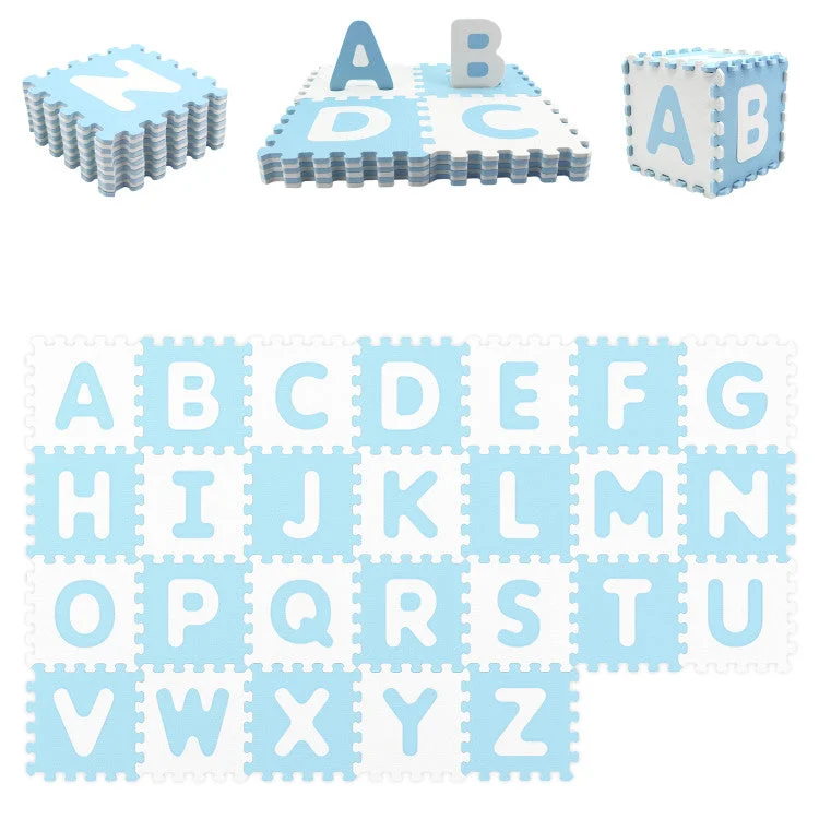 COSTWAY 26 Pieces Interlocking ABC Play Mats With Detachable Letters-Blue
