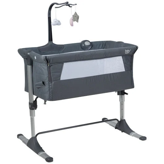 COSTWAY Height Adjustable Baby Side Crib With Music Box & Toys-Dark Gray