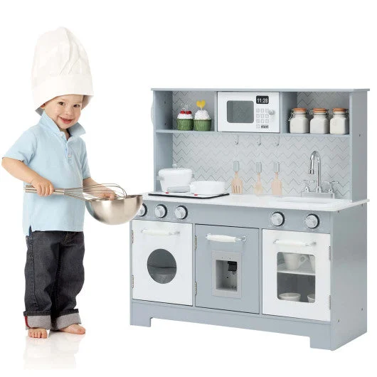 COSTWAY Pretend Play Kitchen Wooden Toy Set for Kids With Realistic Light and Sound