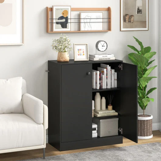 COSTWAY 2-Door Modern Floor Storage Cabinet With 3-Tier Shelf-Black
