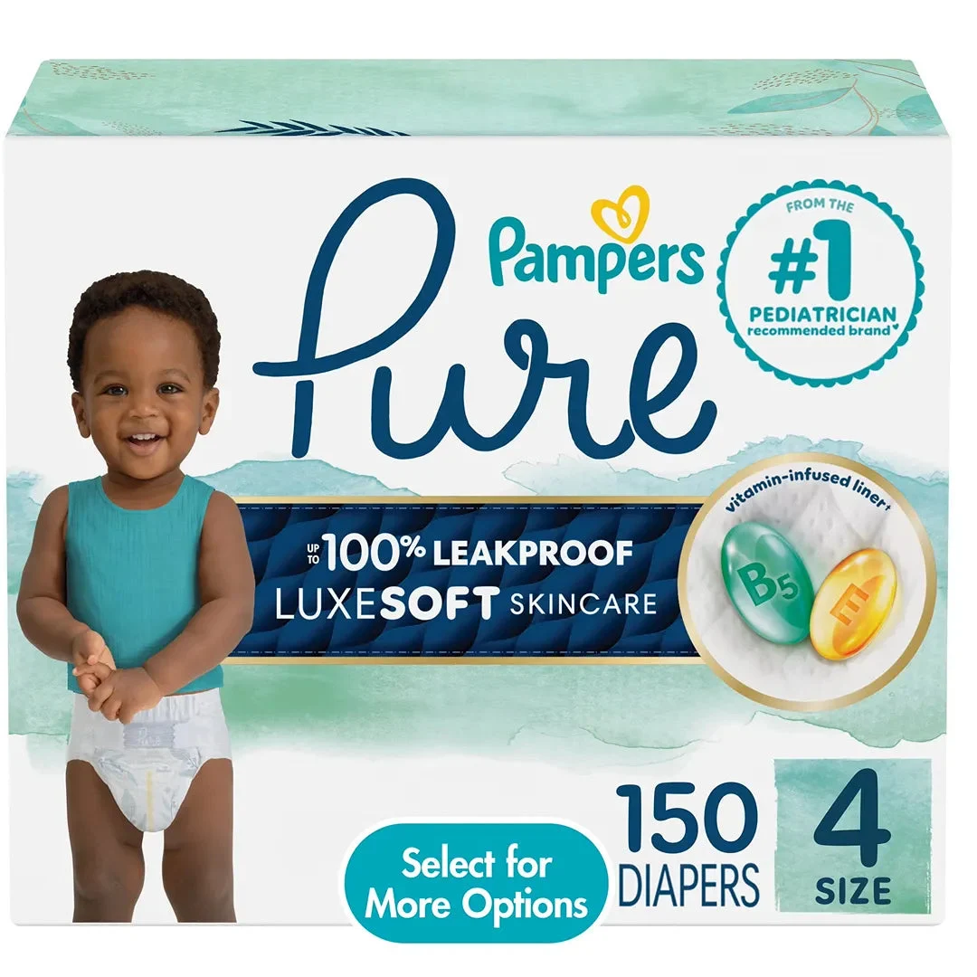 Pampers Pure Baby Diapers, Size 4 (22-37 lbs), 150, up to 100% Leakproof