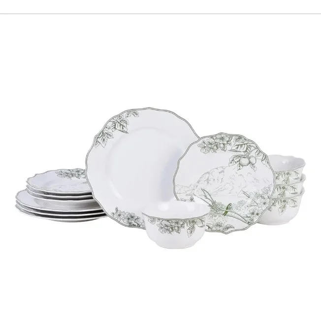 222 Fifth Hudson Valley Traditional Green Porcelain Tableware Set - 12 Pieces