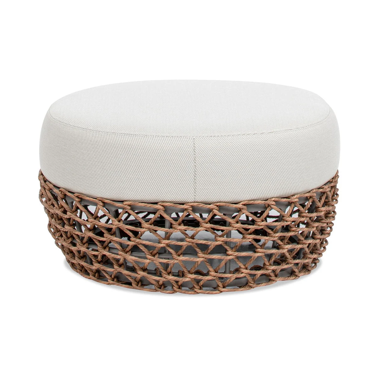 JENNIFER TAYLOR HOME Willow - Round Upholstered Woven Patio Ottoman, Wicker Frame - Wheat Beige / Golden Brown