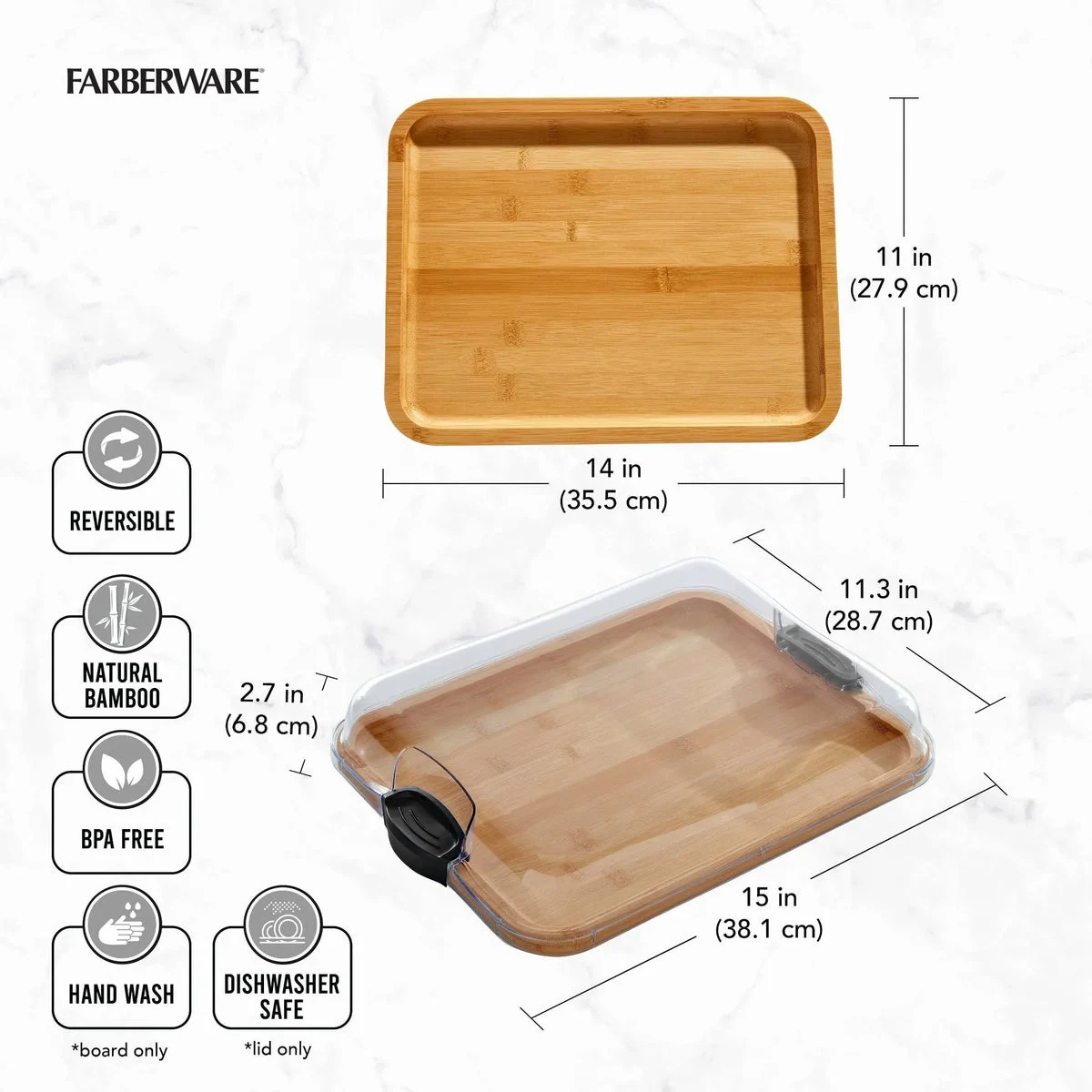 Farberware Charcuterie Bamboo Board with Locking Lid - 11 Inch x 14 Inch