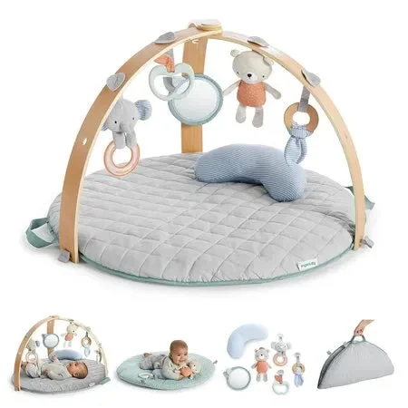Ingenuity Y Cozy Spot Reversible Duvet Activity Gym & Play Mat with Wooden Bar - Loamy for Newborns and Toddlers