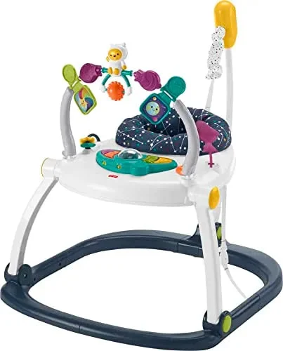 Fisher-Price Baby Bouncer SpaceSaver Jumperoo Activity Center with Lights Sounds and Folding Frame - Astro Kitty
